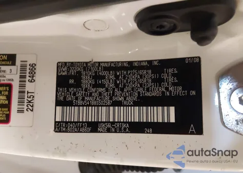 2008 Toyota Tundra Sr5 5.7L V8 from USA, damaged, VIN 5TBBV54188S502587